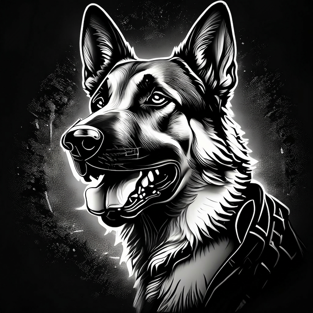 The GusNBru brand mark, a black and white German Shepherd