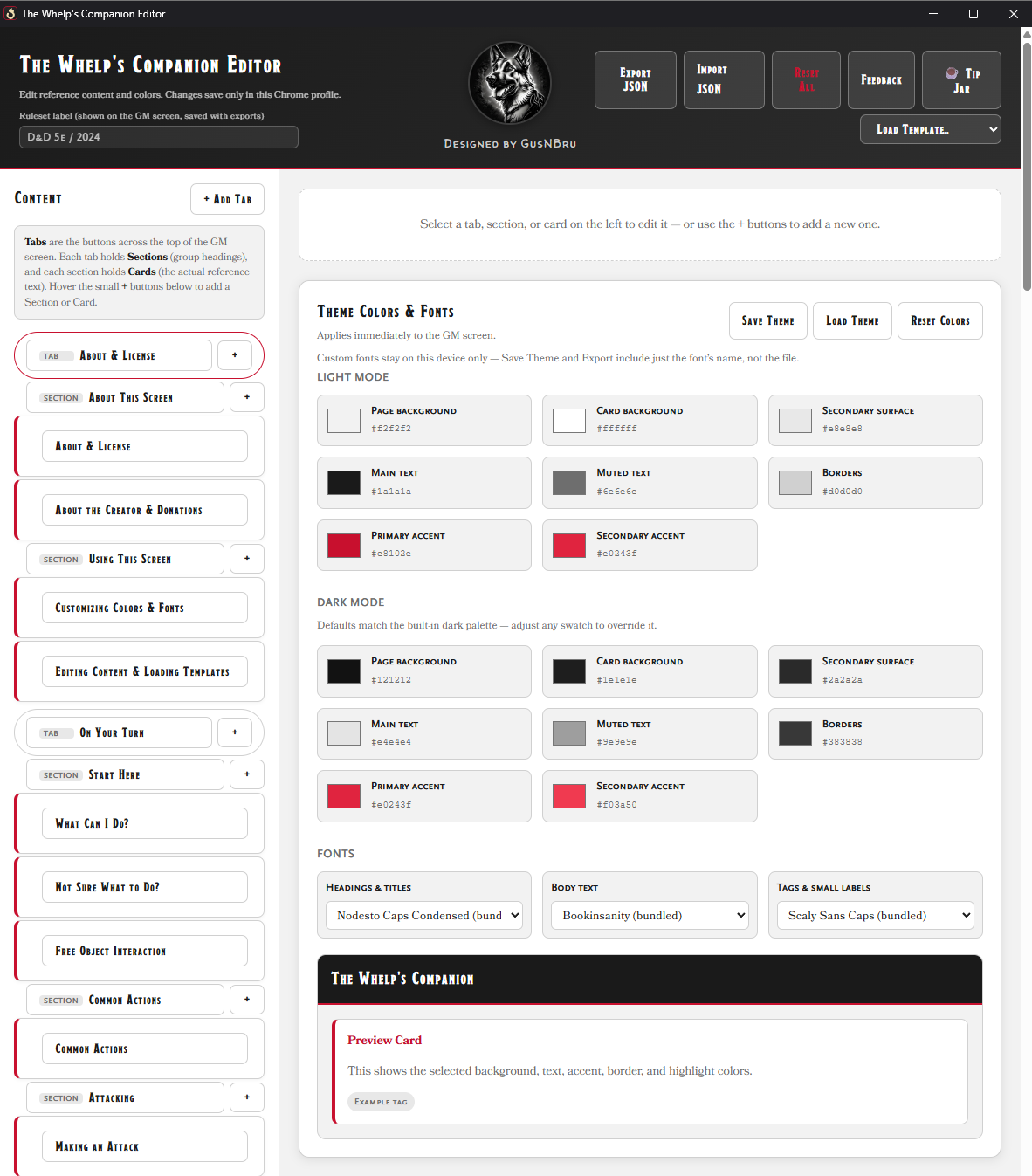 The editor window showing the content tree and the theme color and font controls
