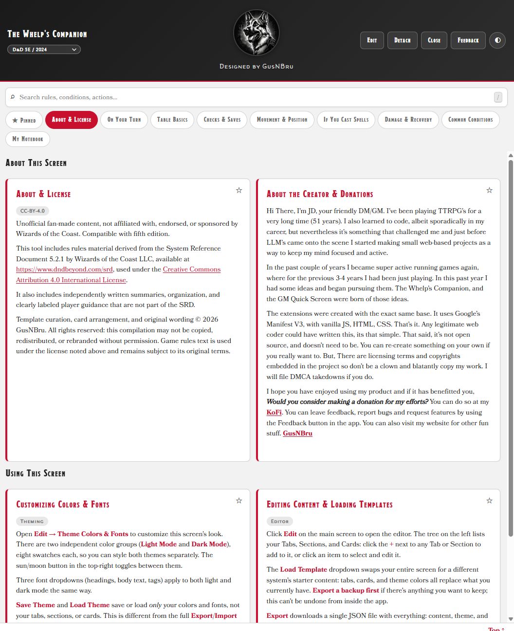 The Whelp's Companion main screen showing the D&D 5E template with About and License cards